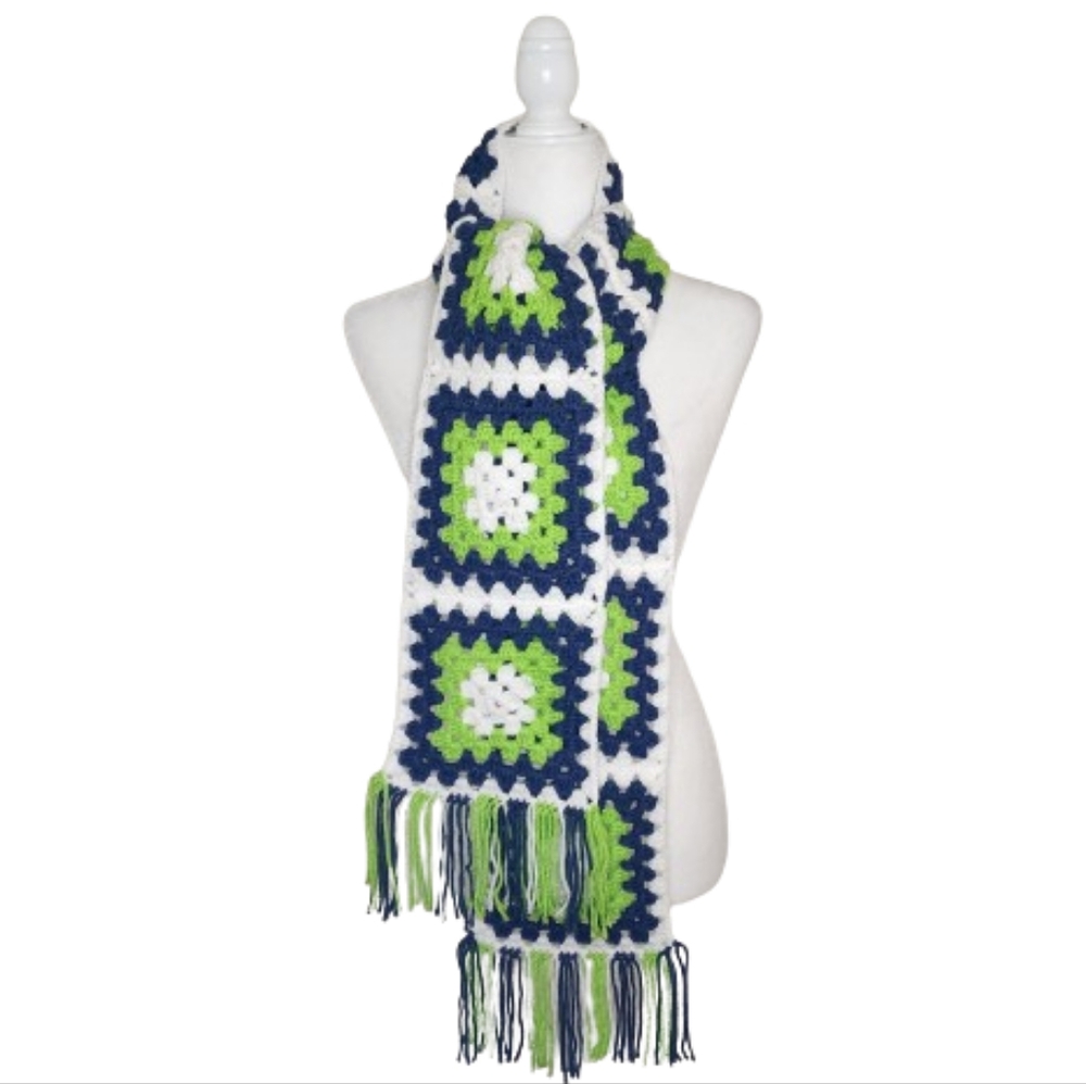 Handmade Crocheted Granny Square Scarf, OS Long